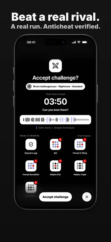 The challenge screen: a rival’s time to beat, a timeline of their moves and their arsenal of techniques, with an Accept challenge button